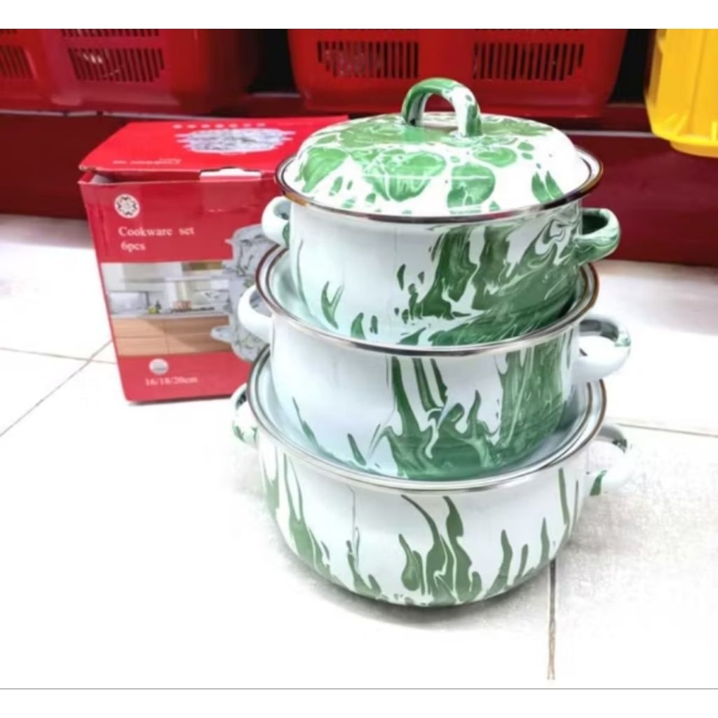 Set panci burik 3 set 16 cm 18 cm 20 cm/panci lurik loreng enamel