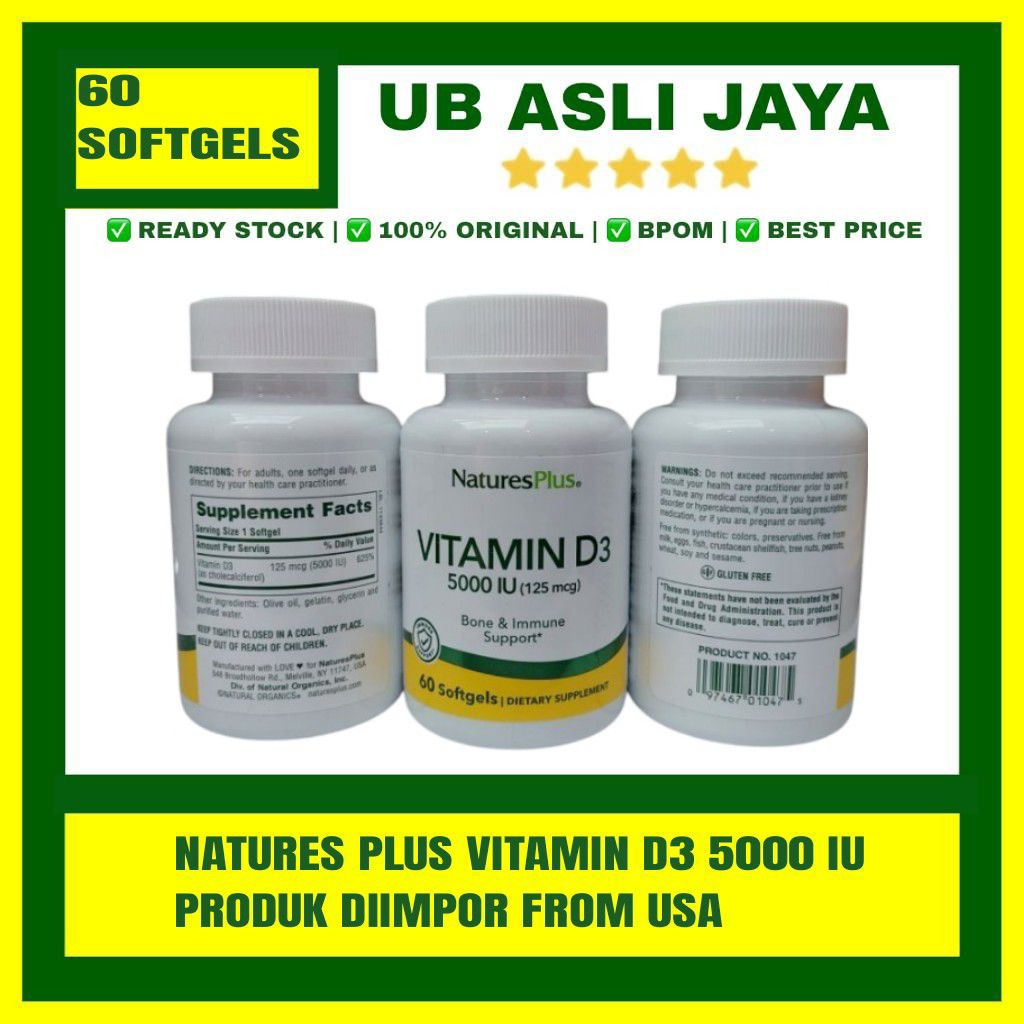 Natures Plus Vitamin D3 5000 IU 60 Softgels 125mcg Ori USA