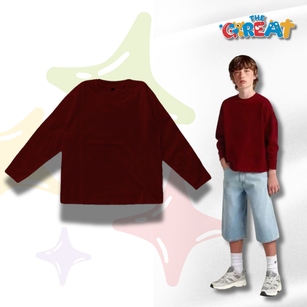 THE GREAT - Kaos Polos Panjang Maroon Katun Premium Untuk Anak Usia 6-14 Tahun