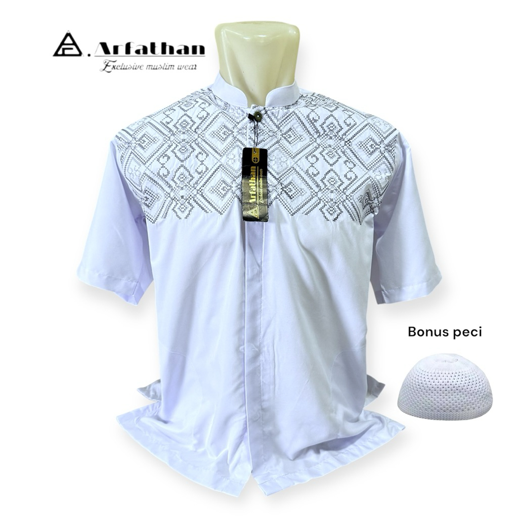 Arfathan Kemeja Koko Pria Motif Sultan Lengan Pendek Putih