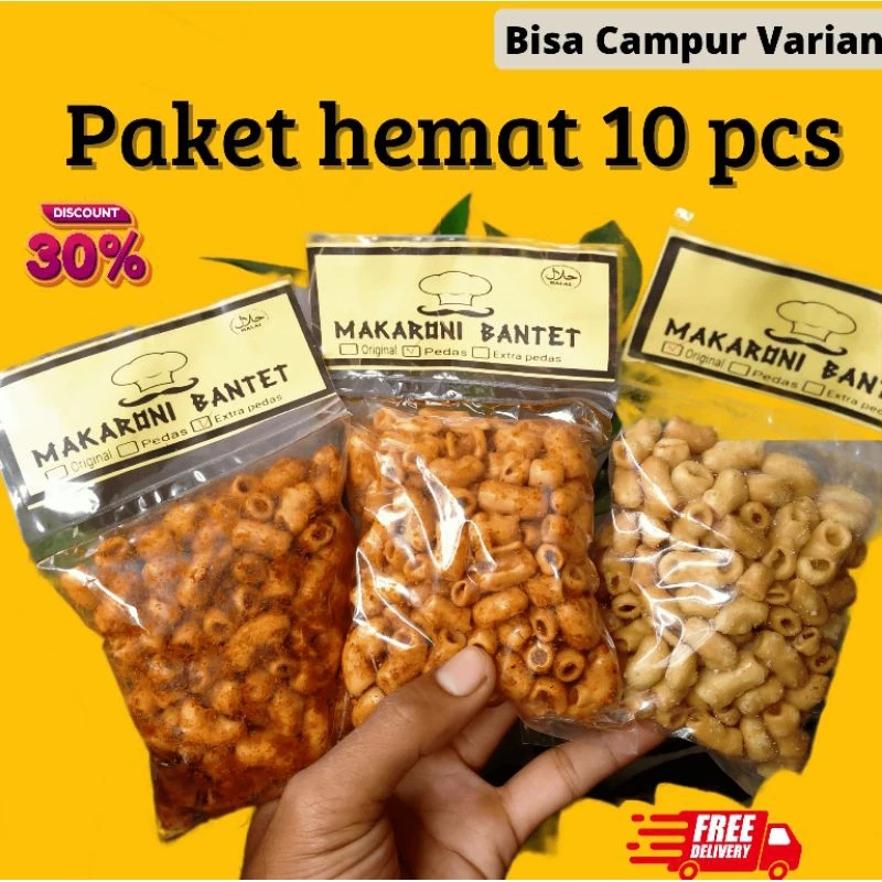 

PAKET HEMAT 10 PCS MAKARONI BANTET BANTAT PEDAS KHAS TASIKMALAYA KEMASAN 50 GRAM CEMILAN