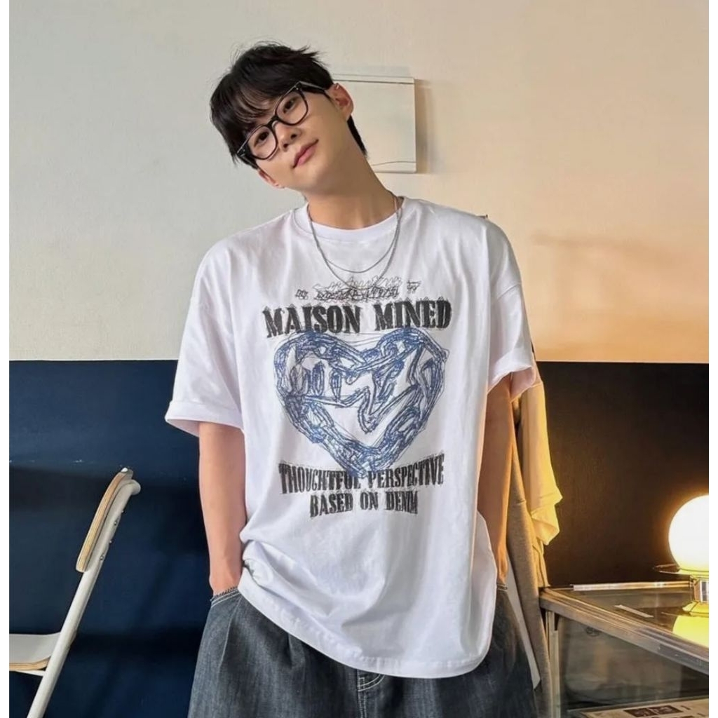 Maison Mined Doodle Heart Half T White Greyish Blue