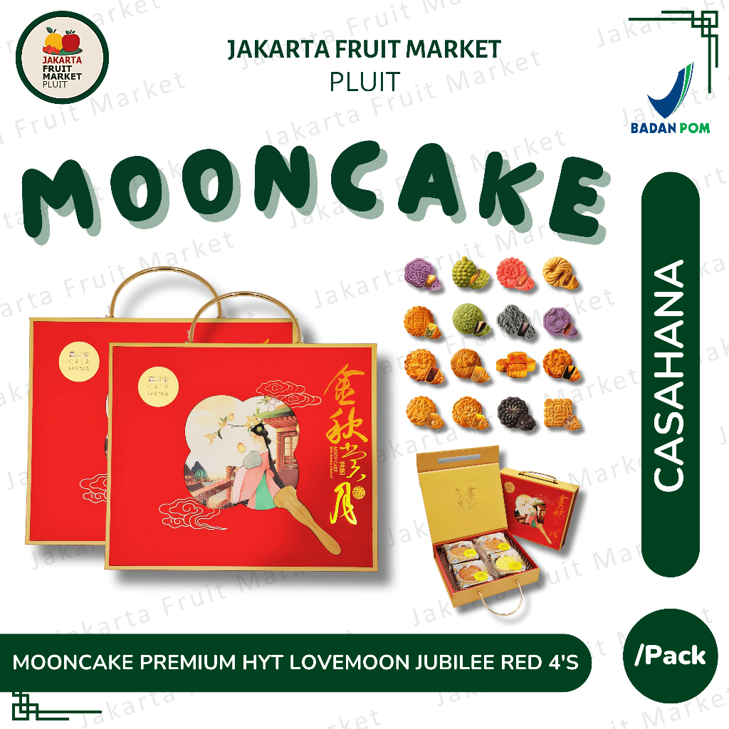

Kue Bulan Mooncake Premium Hyt Lovemoon Jubilee Red 4'S (DURIAN LOTUS, PURE LOTUS 1 YOLK, LS WHITE LOTUS 1 YOLK, GREEN TEA)
