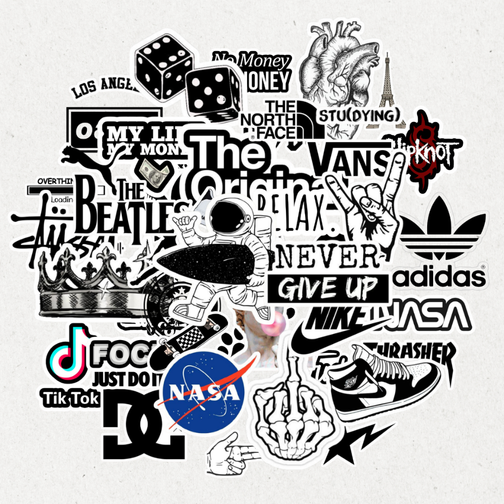 

Stiker hitam putih brand | Dekorasi Sticker Laptop | Buku Journal Koper Helm Casing HP