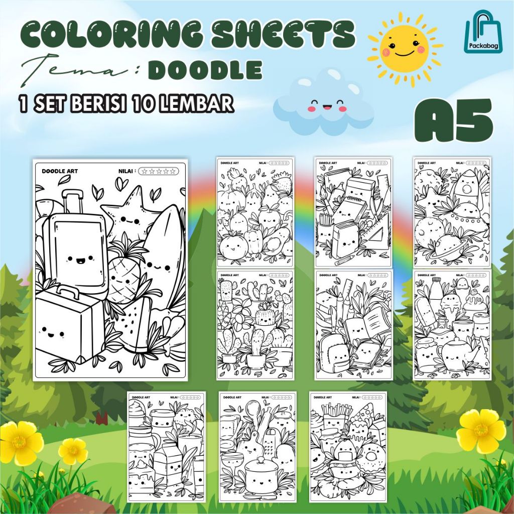 

KERTAS MEWARNAI ANAK – 10 LEMBAR UKURAN A5 – COLORING SHEETS TEMA DOODLE ART TERBARU