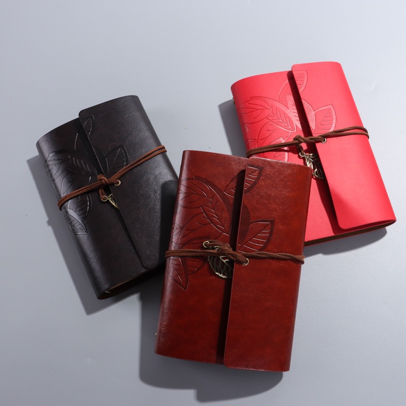 

Notebook Buku Binder Vintage A7 Kulit PU – Isi Kertas Daur Ulang Coklat Polos 75 lembar - motif daun