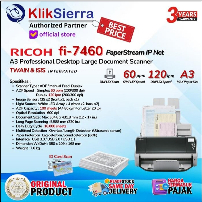 Scanner A3 RICOH TKDN fi-7460 / Fi7460 Large Document Scan ADF / Manual Feed Duplex - FUJITSU fi7460