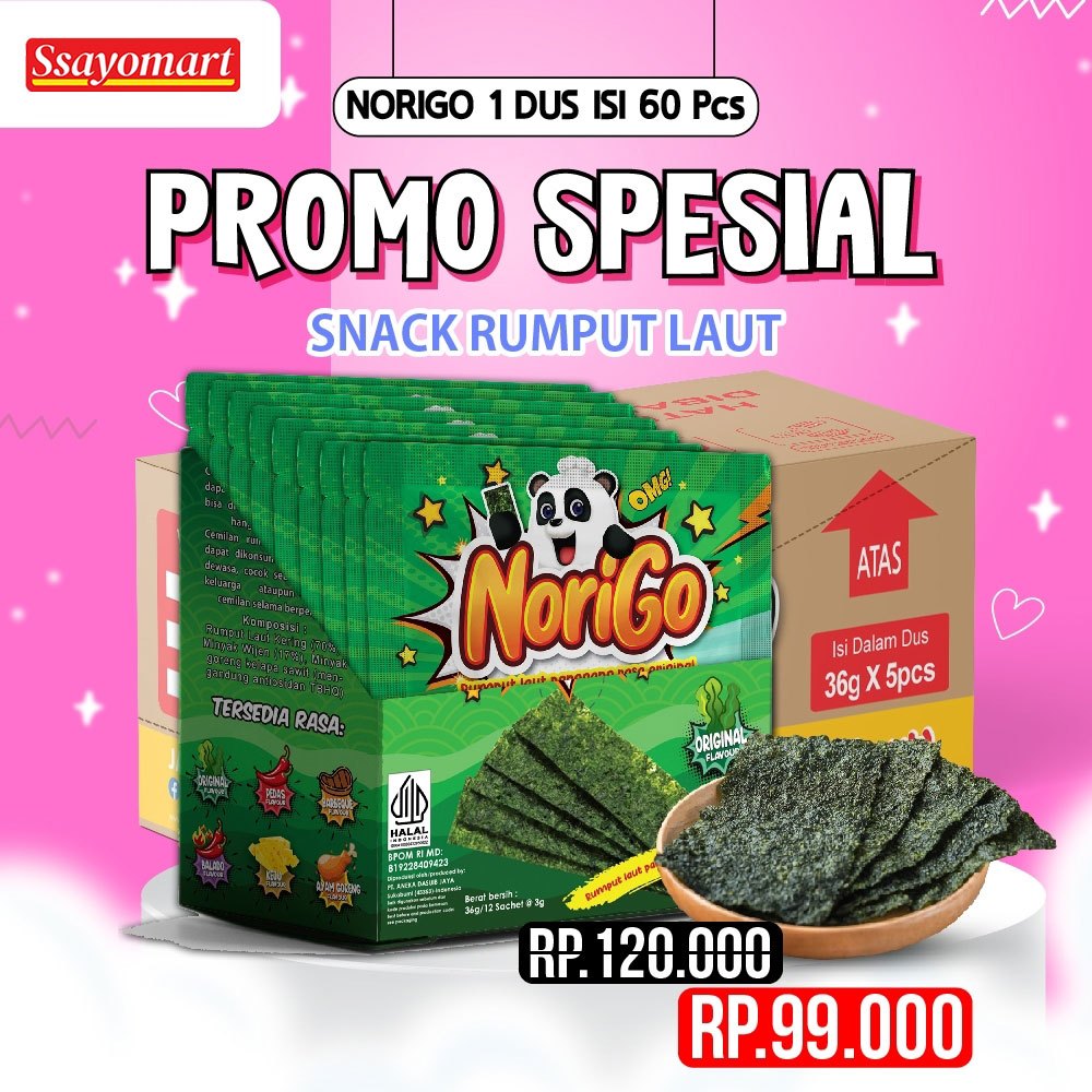 

Norigo Original (1 DUS ISI 5 PACK) FREE 10 PCS / Nori Sachet Seaweed Snack 3g Rumput Laut Halal Rasa Original
