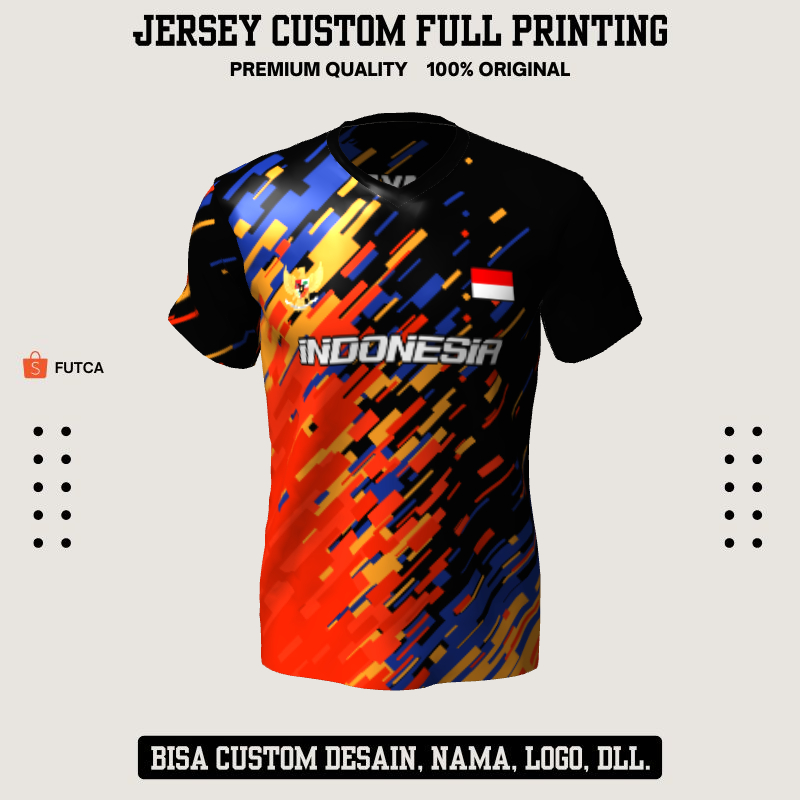 Kaos Jersey Baju Olahraga Custom Full Printing - Jersey Futsal Hitam Orange Biru Motif Abstrak 174