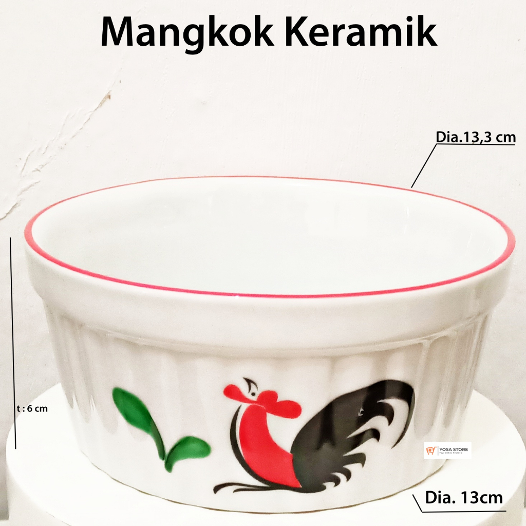 Mangkok Keramik Ramekin Bowl Motif Ayam Jago Wadah Bubur Mie Goreng Dia. 13 cm 1 Pc