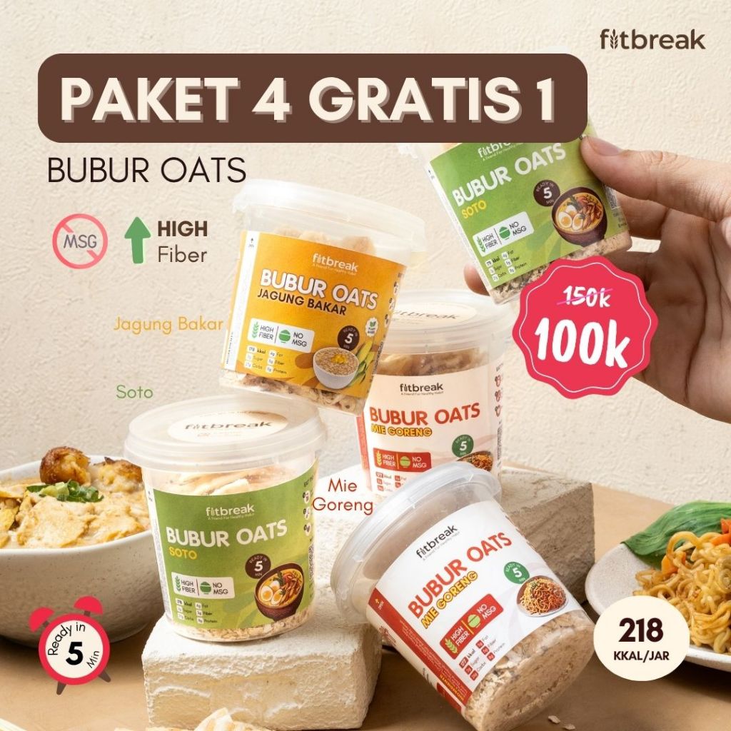 

Paket 4 Gratis 1 Bubur Oats 55g Siap 5 menit / nikmat dikonsumsi panas / tanpa Kolesterol / Oatmeal / Sarapan Simpel Sehat dan Enak
