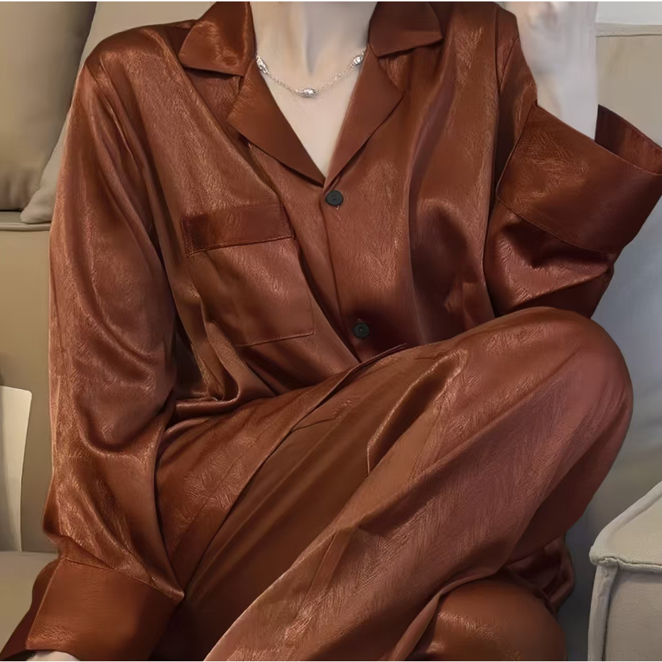 Baju setelan piyama wanita satin polos celana panjang pakaian rumah lengan panjang korea style