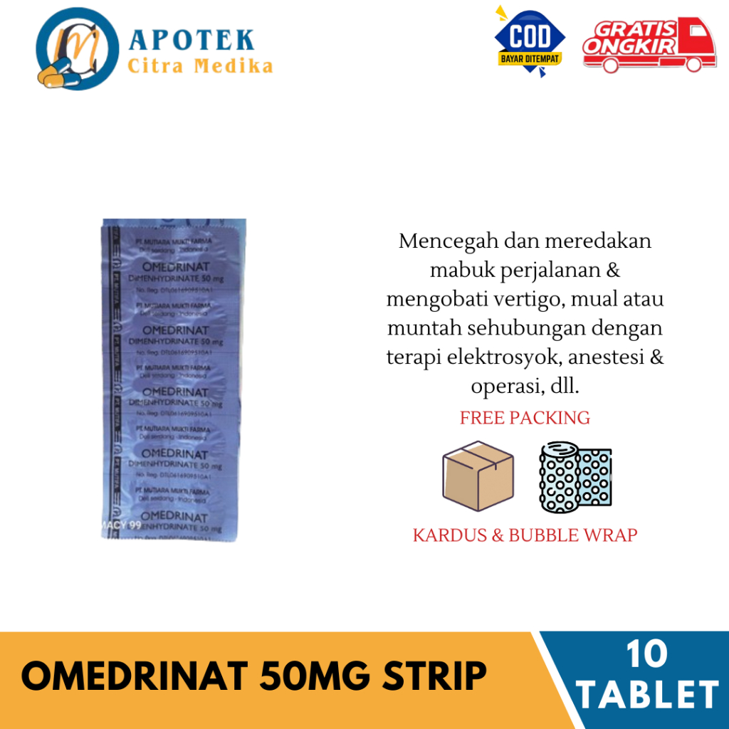 Omedrinat 50MG 𝟏 𝐒𝐓𝐑𝐈𝐏 𝐈𝐒𝐈 𝟏𝟎 𝐓𝐀𝐁𝐋𝐄𝐓 - Obat Mabuk Perjalanan/Vertigo/Mual/Pusing