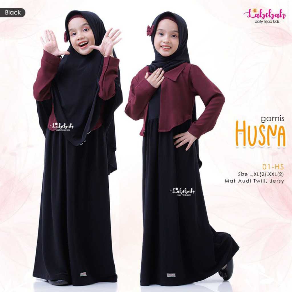 Gamis Husna Set Jilbab Bergo by Labebah | Gamis Dengan Model Rompi Outer Kekinian (Black - Maroon)