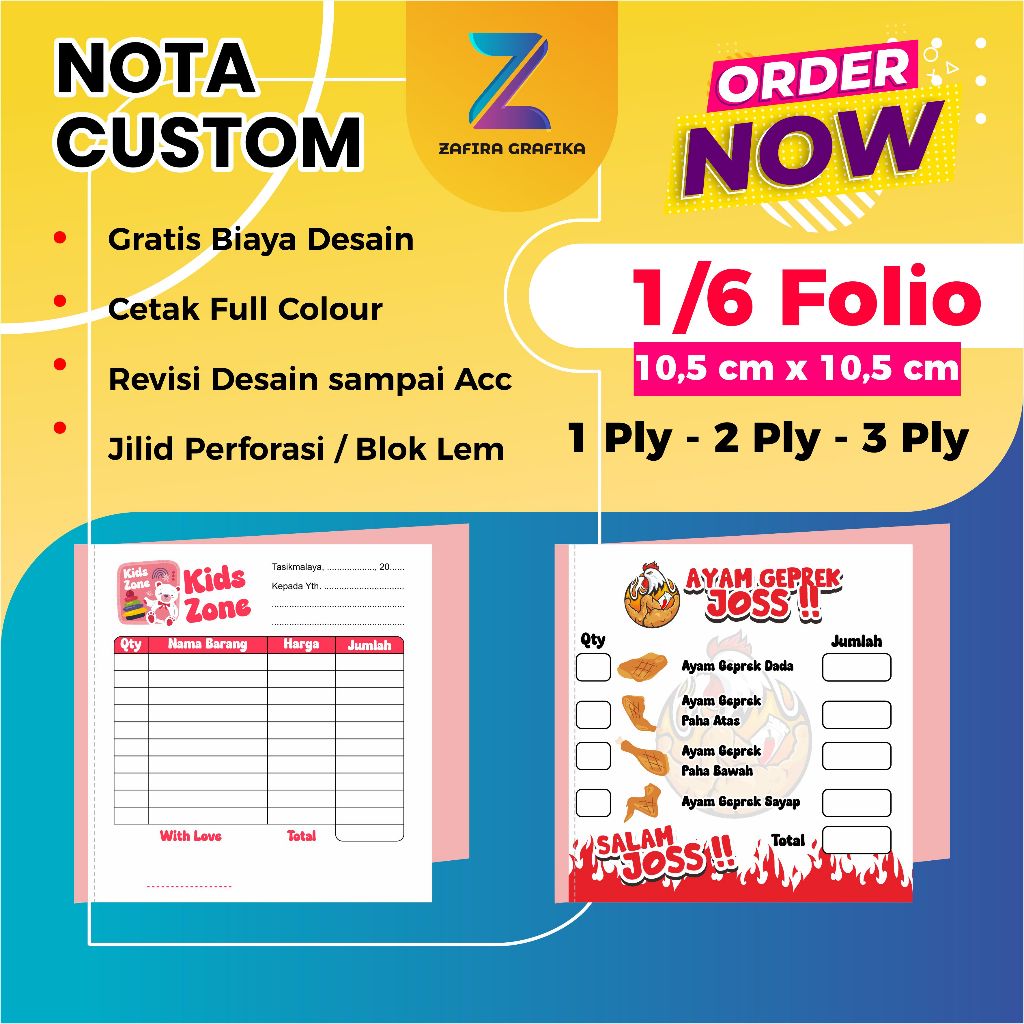 

Nota Satuan, Cetak Nota Custom Satuan per Buku, Desain Bebas, Ukuran 1/6 Folio 2 Ply, Gratis Desain
