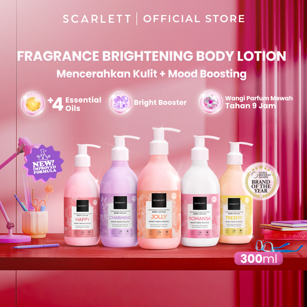 SCARLETT Fragrance Brightening Body Lotion Bright Mood Booster 300ml +4 Essential Oils 3X  Brighteni