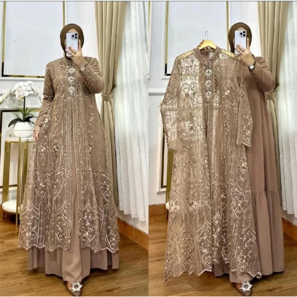 Dress Ceruti Brokat Laksmi Terbaru 2025 Model Memayung 2 Layer Outher Terpisah Ukuran Wanita Dewasa 