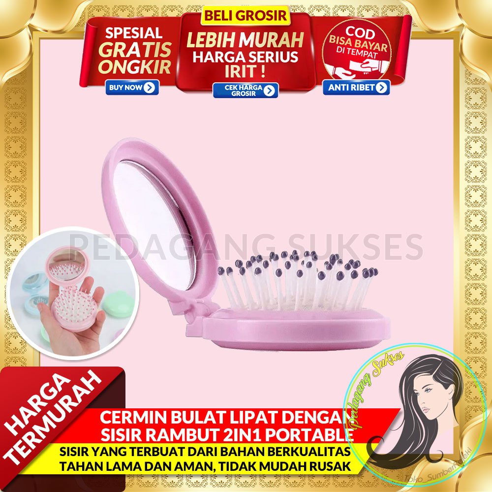 GROSIR PASTI MURAH Cermin Bulat Lipat Dengan Sisir Rambut 2in1 Portable Traveling/Cermin Rias Mini C