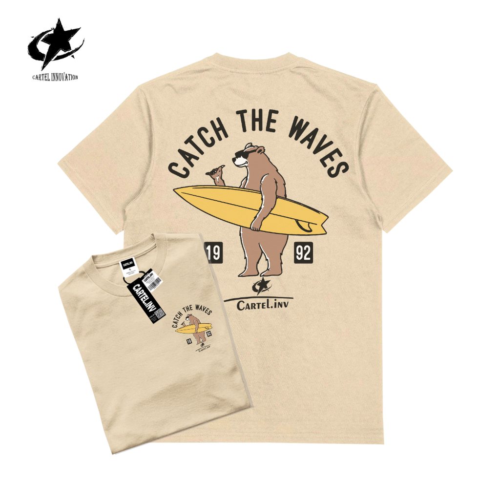 CARTEL.INV Kaos Distro Pria Lengan Pendek Sablon Catch Bear Kaos Pria Wanita Warna Cream  Bahan Katu