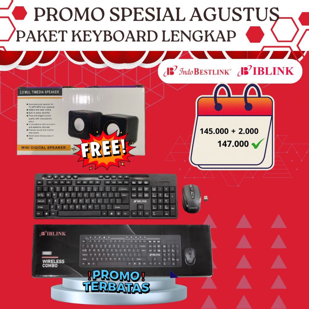 Promo Merdeka Wireless Combo Keyboard & Mouse  MK001 iB + Speaker Multimedia USB 101