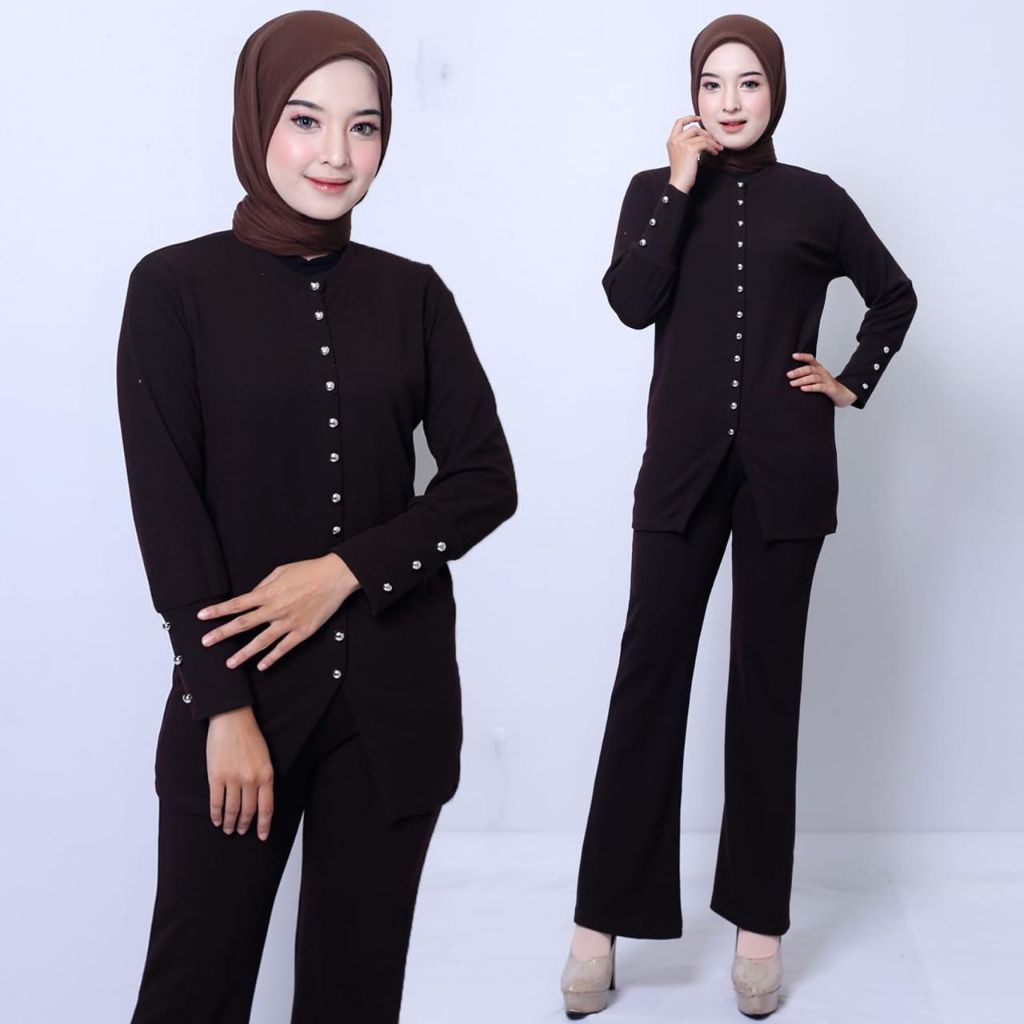 One Set Tunik Celana Muslimah Kancing Depan Setelan Baju Muslim Casual Wanita Remaja Setelan Celana 