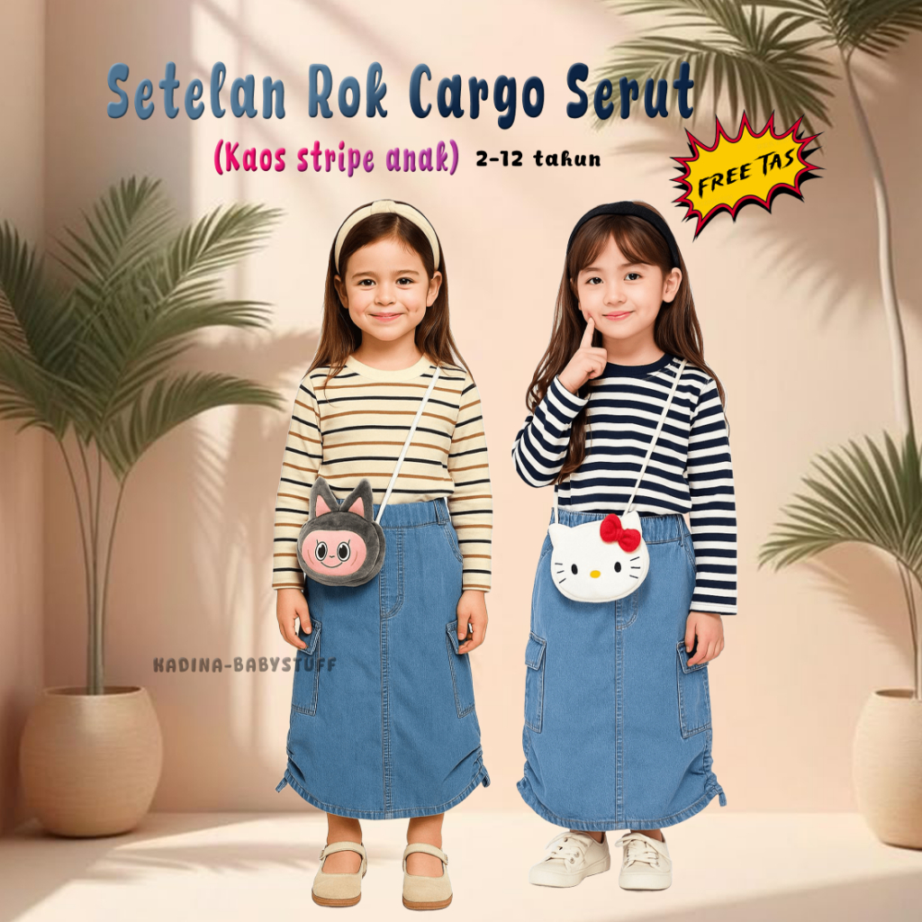 (free tas) ONESET ROK CARGO JEANS SERUT KEKINIAN / ROK CARGO SERUT ANAK USIA 2-12 TAHUN / KAOS STRIP
