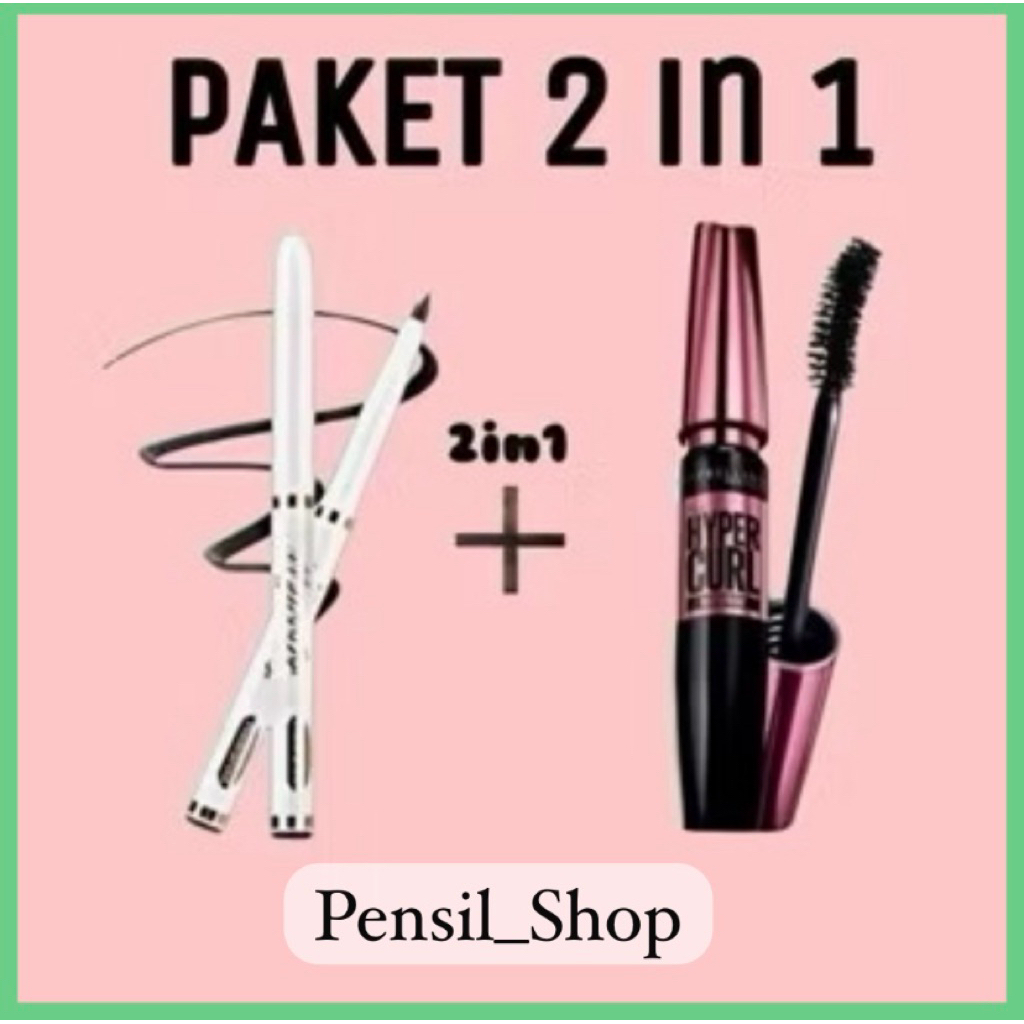 Paket Maskara 2IN1 Maskara Kemasan Hitam Maybelline + Eyeliner hitam