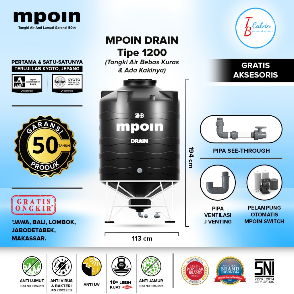 Tangki Tandon Toren Air MPOIN Plus 1200 Liter Drain Kuras
