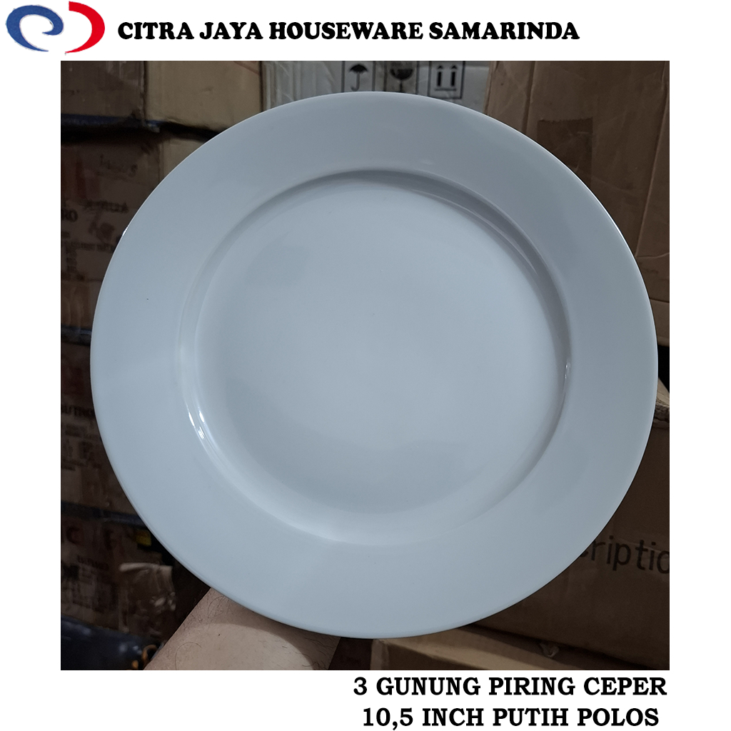 Piring MAKAN CEPER 10,5 INCH (6 PCS / 1 LUSIN) 3 GUNUNG PUTIH POLOS KERAMIK