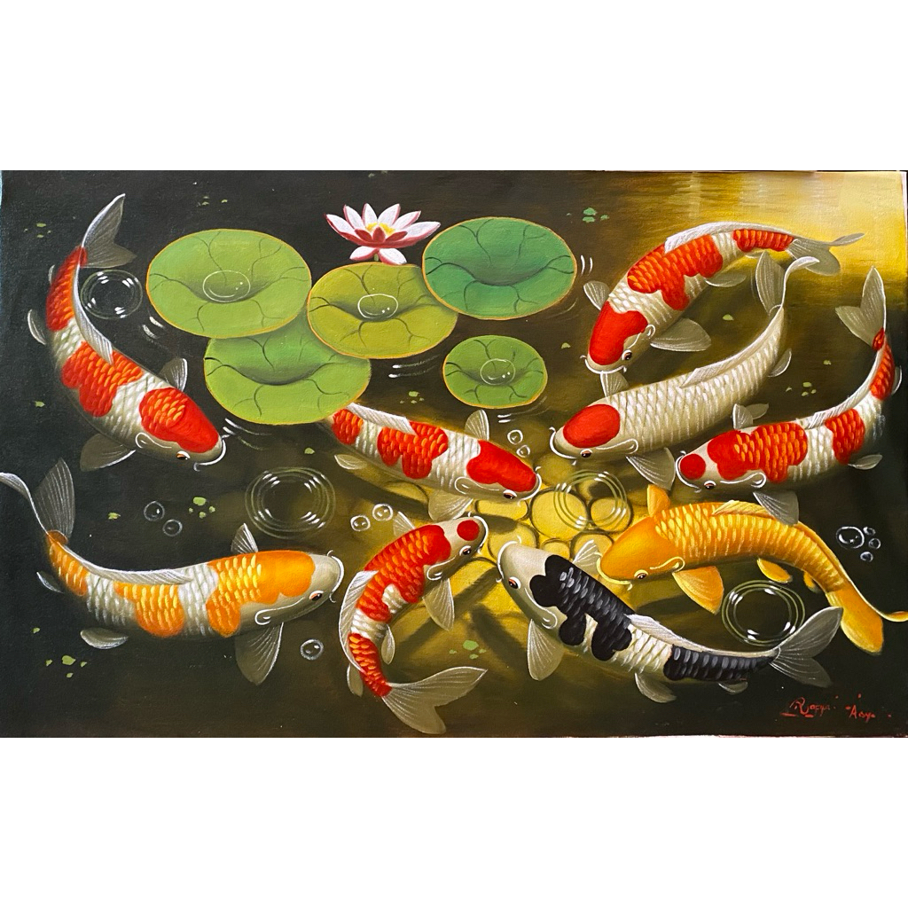 Lukisan Ikan Koi 9 Land scapeLukisan Canvas Asli, Lukisan Bali, Hiasan dinding, Ukuran 135 x 85