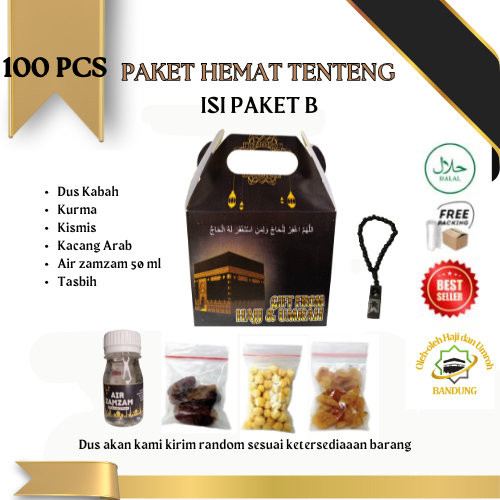 

Oleh Oleh Haji/Umroh 100 pcs Paket B Dus Teng teng, Botol+Air zam zam, Kurma, Kacang Arab, Kismis, Tasbih