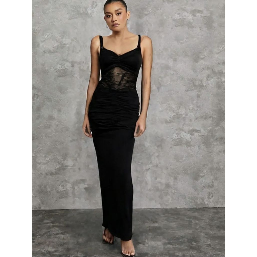 Sexy Elegant Long Dress – Hitam, Lace & Cut Out Detail (AC 115)