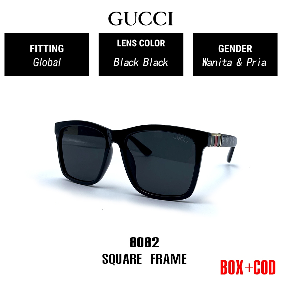 【100% Original】Kacamata Hitam Fashion Gucci SQUARE FRAME 8082 woman Black Wanita pria Sunglasses UV4