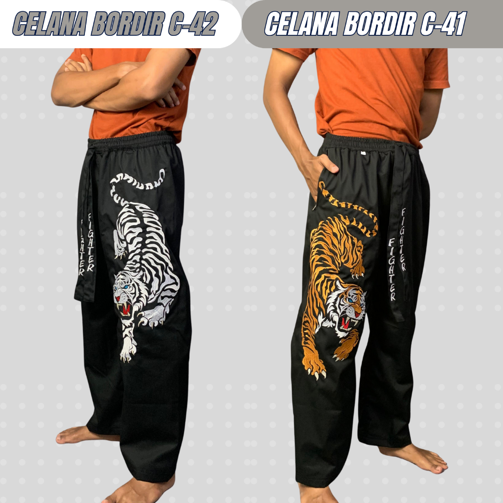 Celana Pakaian Silat Bordir Komprang Panjang Hitam Pangsi Kombor Motif Gambar Harimau Macan Tebal