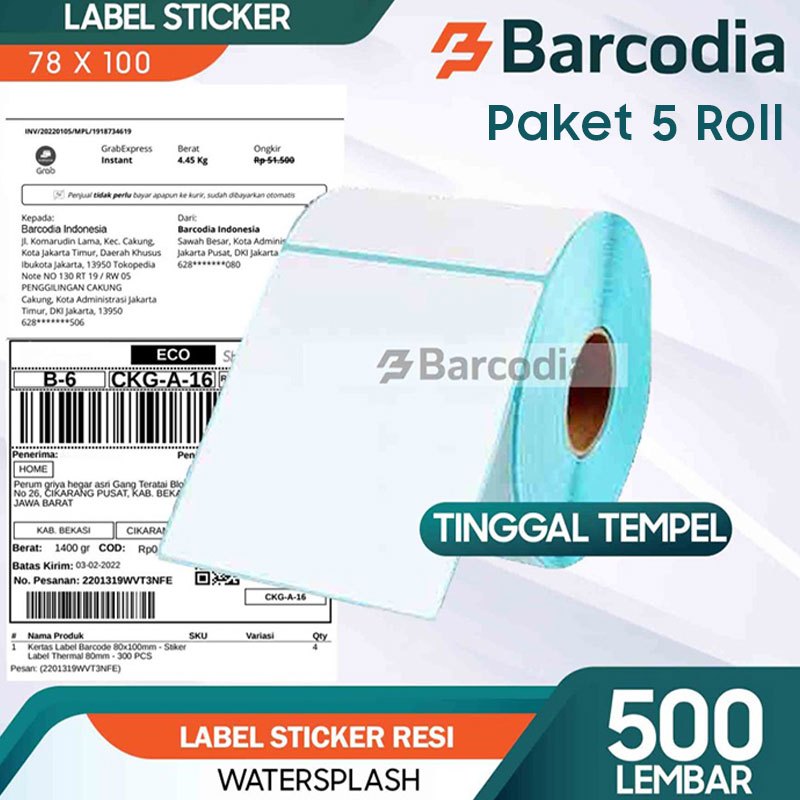 

BARCODIA (PAKET) LABEL STIKER DIRECT THERMAL 78X100MM ISI 500 PCS / Kertas Label 78X100MM