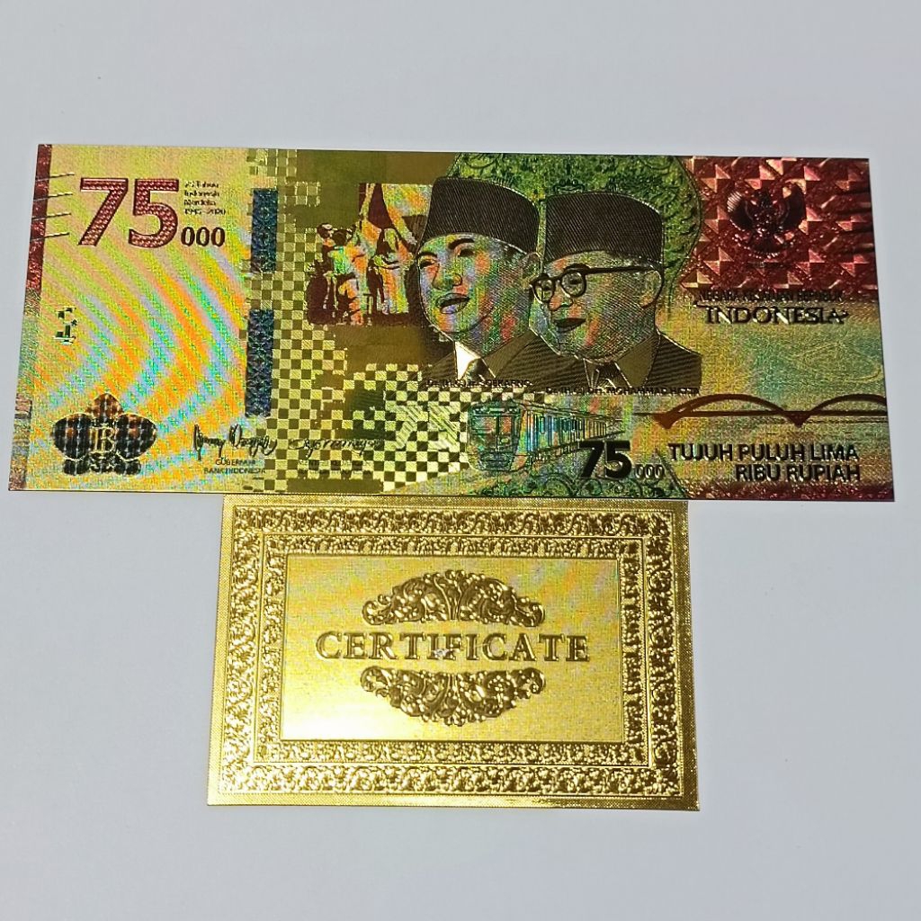 Souvenir Uang Gold Foil 75000 RI Emas