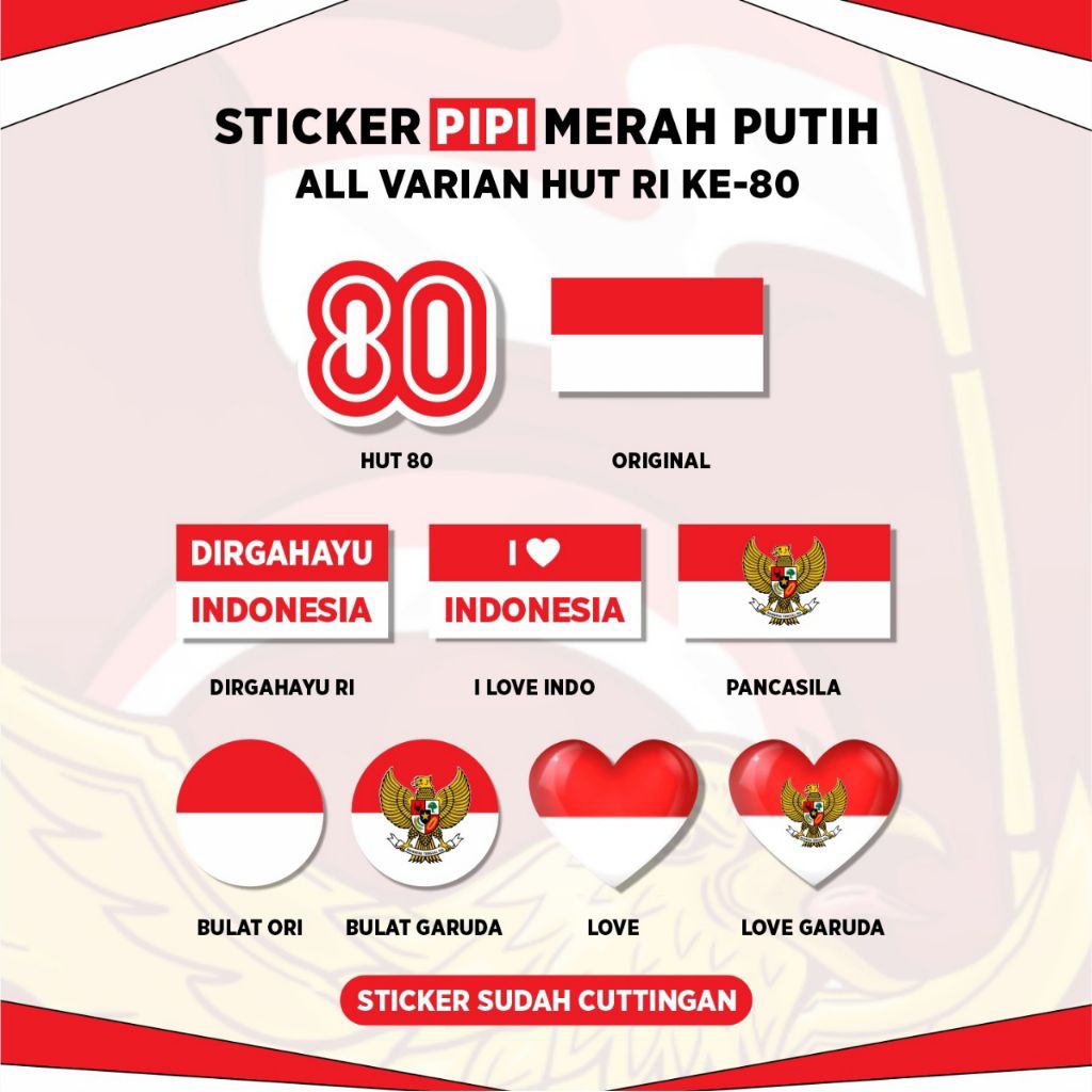 

STIKER PIPI BAHAN CROMO TEMPEL KEMERDEKAAN DIRGAHAYU INDONESIA MERAH PUTIH AGUSTUSAN GARUDA PANCASILA HUT 80 LOVE POTONGAN