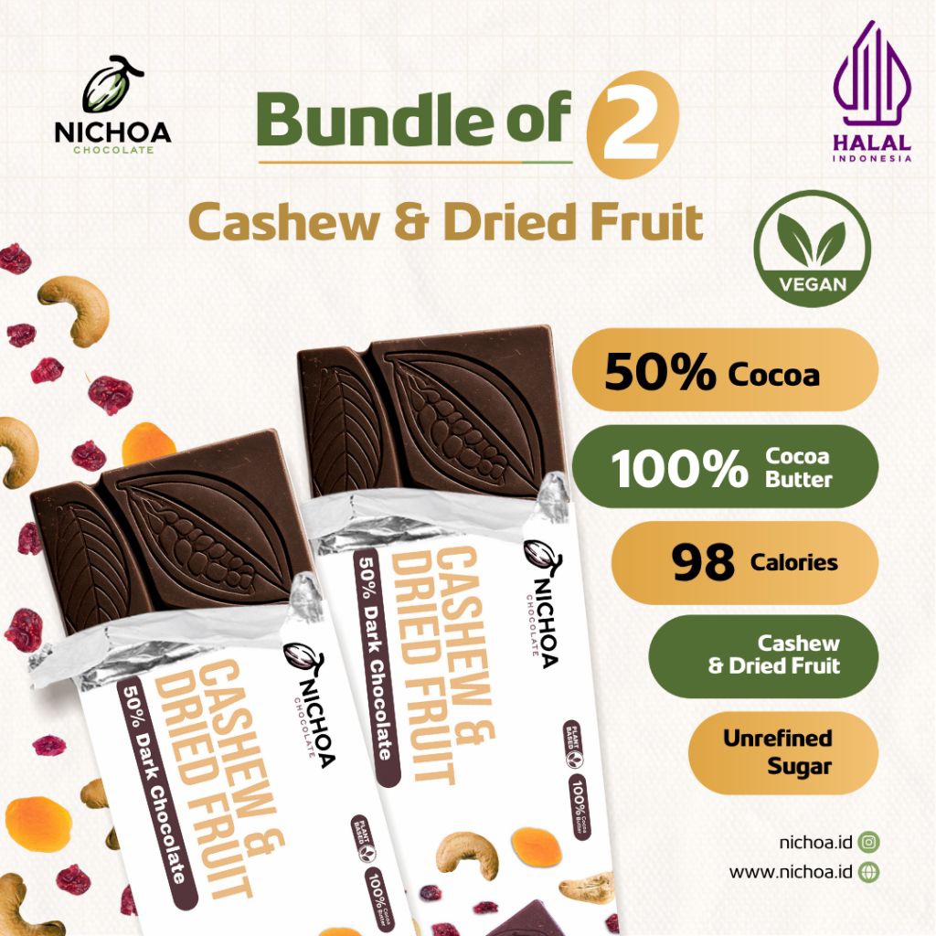 

[Bundle of 2] Nichoa Cashew & Dried Fruit 50% Dark Chocolate