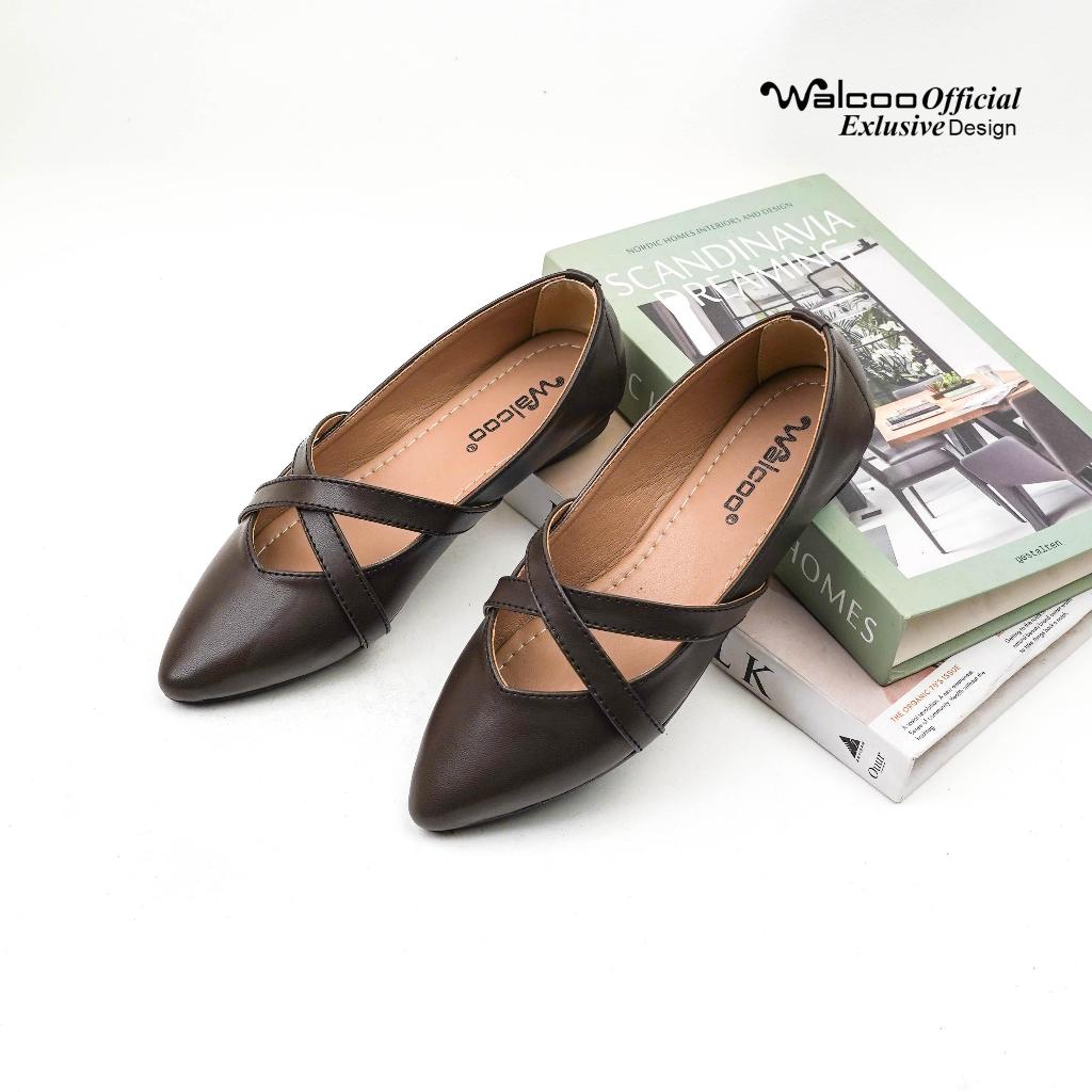 Walcoo Asphelia Flat Shoes Wanita - Dark Brown, Cross Strap Elegan, Nyaman Dipakai Harian
