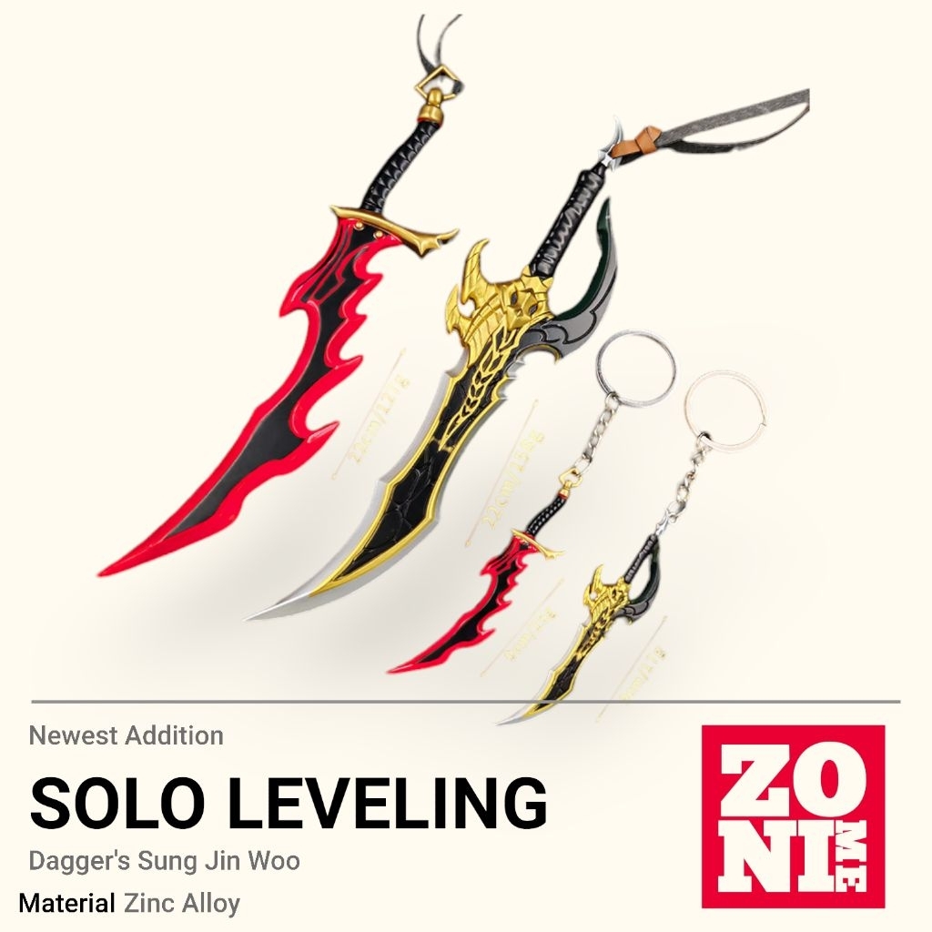ZONIME Miniatur Dagger Sung Jin Woo Solo Leveling Gantungan Kunci Pedang Solo Leveling Action Figure