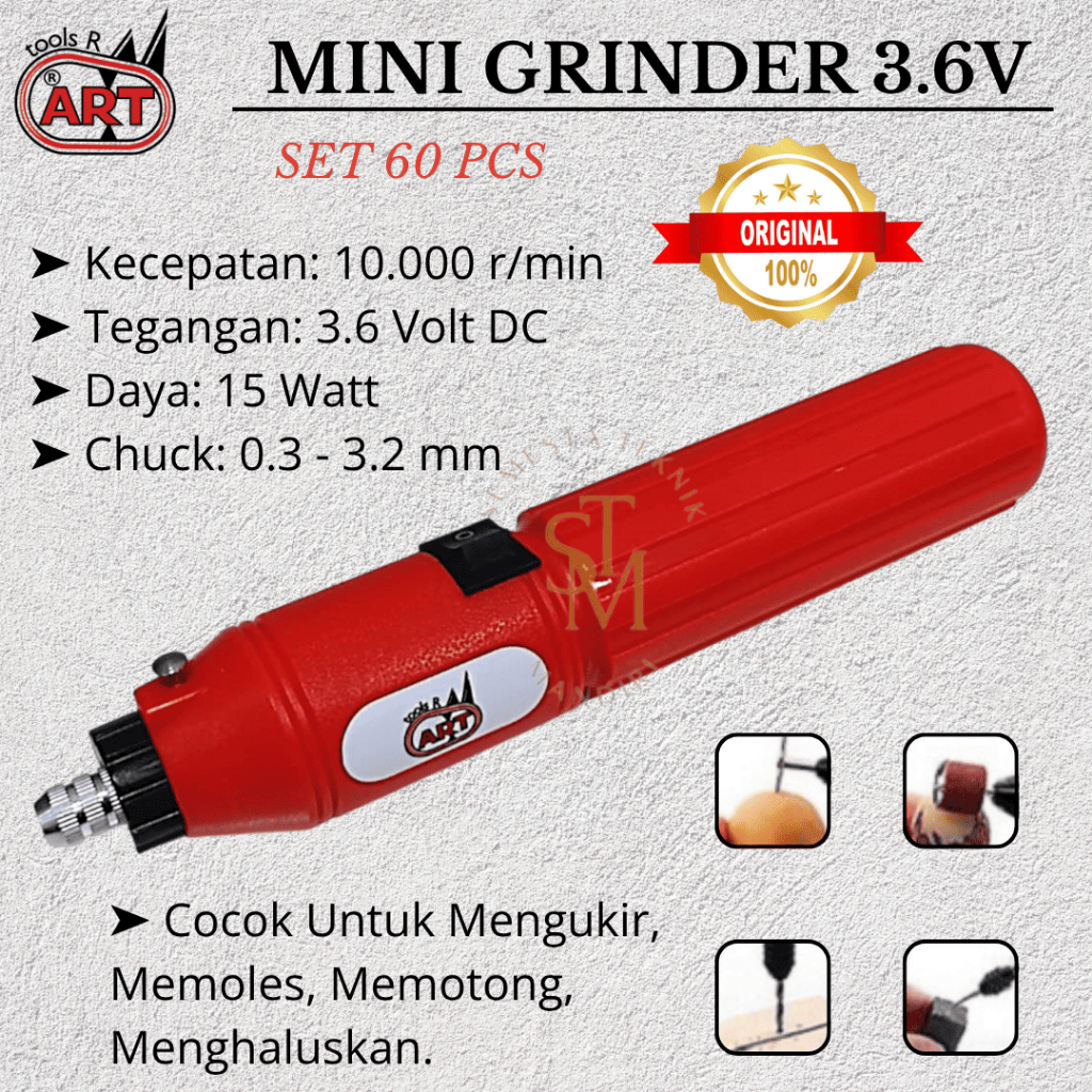 Bor Mini Grinder Set Alat Ukir Poles Gravir Asah Gerinda Baterai 60 Aksesoris - ART Mini Grinder 3.6