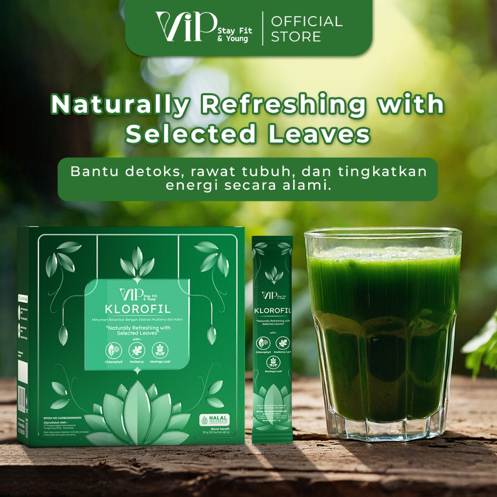 

VIP HERBAL KLOROFIL 1Box isi 30 Sachet | CHLOROFIL MULBERRY DAUN KELOR MORINGA Suplemen Detox Tubuh