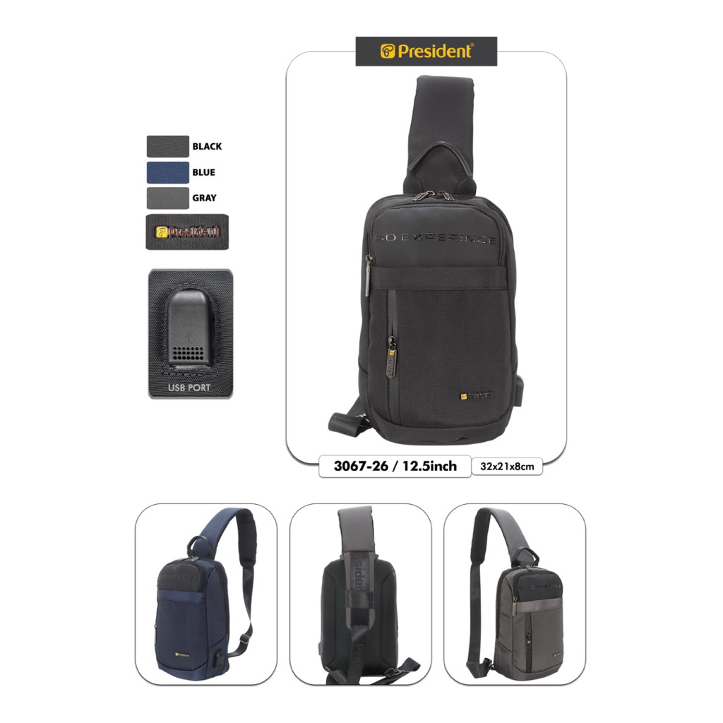 PRESIDENT 3067 -26 - TAS SLING BAG PRESIDENT ORIGINAL  SLEMPANG PRESIDENT ORIGINAL - GARANSI 2 TAHUN