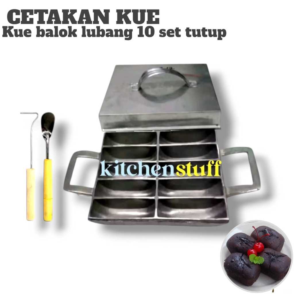 Cetakan kue balok anti lengket Cetakan kue balok lumer 10 Lubang SET TUTUP Bonus Spatula dan pengait