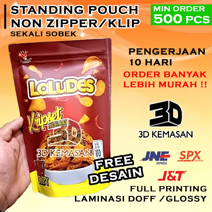 Cetak 500 Pcs- Kemasan Standing Pouch Custom NonZiplock Sekali Sobek Desain Printing Plastik Makanan