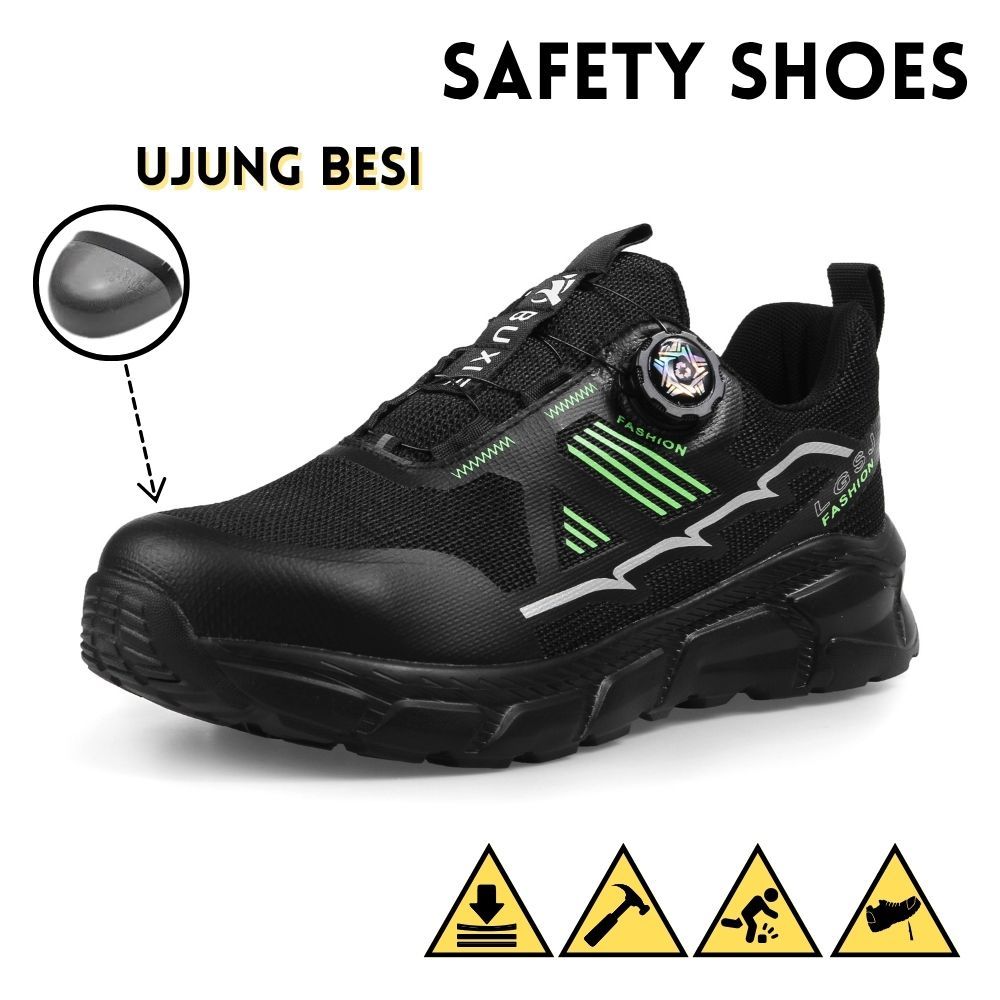 Sepatu tactical pria Ujung Besi safety sneakers list hijau ORIGINAL Tali  Putar nyaman anti slip