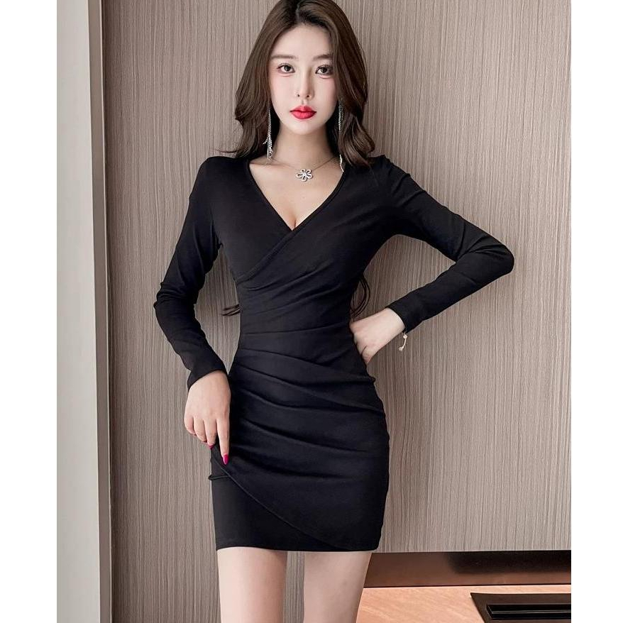 dress hitam Wanita Bodycon Lengan panjang pantai premium mini prom dress korean style terbaru 2025 p