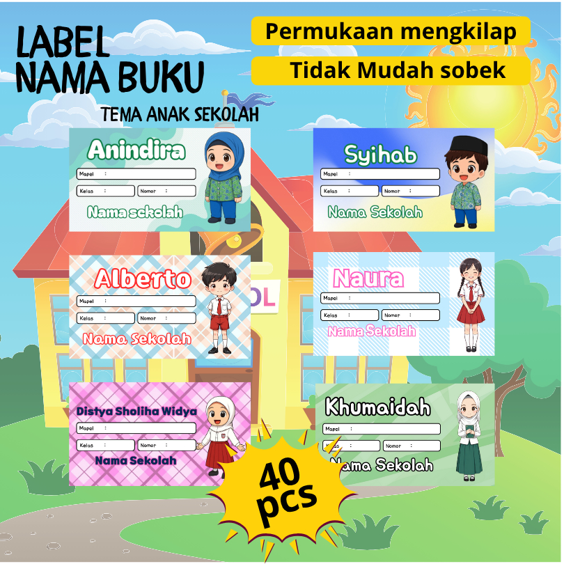 

Stiker Label Mata Pelajaran Tema Anak Sekolah - Custom Nama & Sekolah | 40 Pcs | Ukuran 7x4 cm | Stiker Buku Anak TK SD