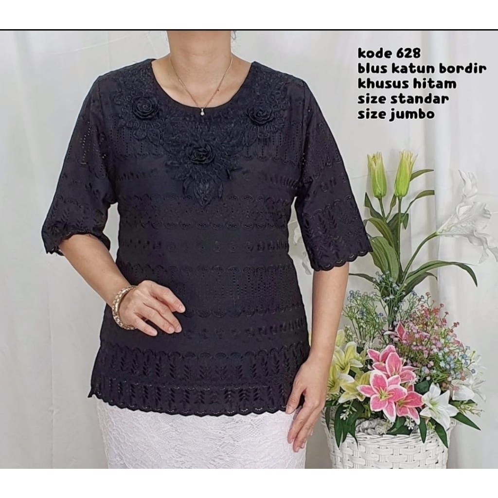 Blus Katun Bordir / Blus Katun Brokat Import Sudah Di Lapis Furing Lengan Tangan 7/8