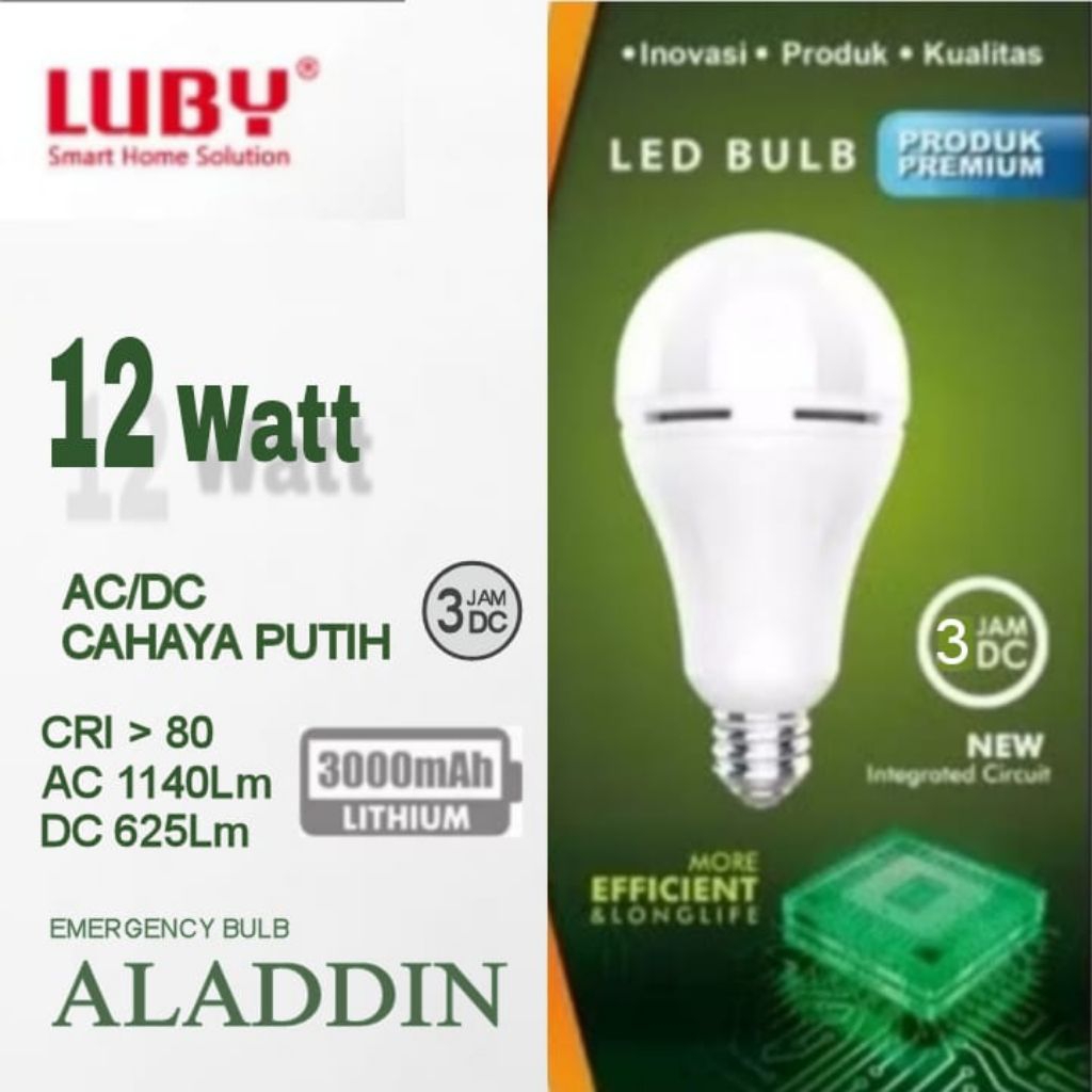 Lampu Emergency LED Luby Aladdin 12W AC DC Cahaya Putih 3000mAh 3 Jam Nyala